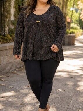 Tradition Plus Size Black Gold Sparkle Metallic Long Sleeve Scoop Neck Tunic
